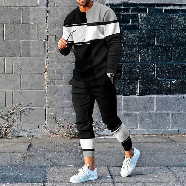 Man’s Suit T-Shirt Long Sleeve 2 Piece Set 3D Print Stripe Streetwear Casual Tracksuit Man Oversized Tops Basketball Sweat pant