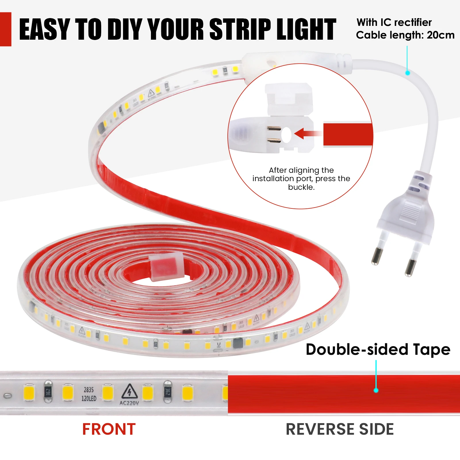 220v tira conduzida plugue da ue auto-adesivo smd 2835 120leds/m ip65 flexível fita de luz led com retificação ic 3000k 4000k 6000k