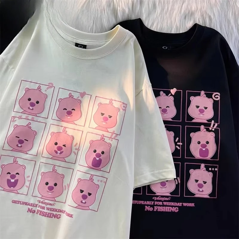 

Miniso Loopy T-shirt Cartoon Casual Woman Loose Crew Neck Top Y2K Summer Breathable Printed Lovers Street Casual Top Gift