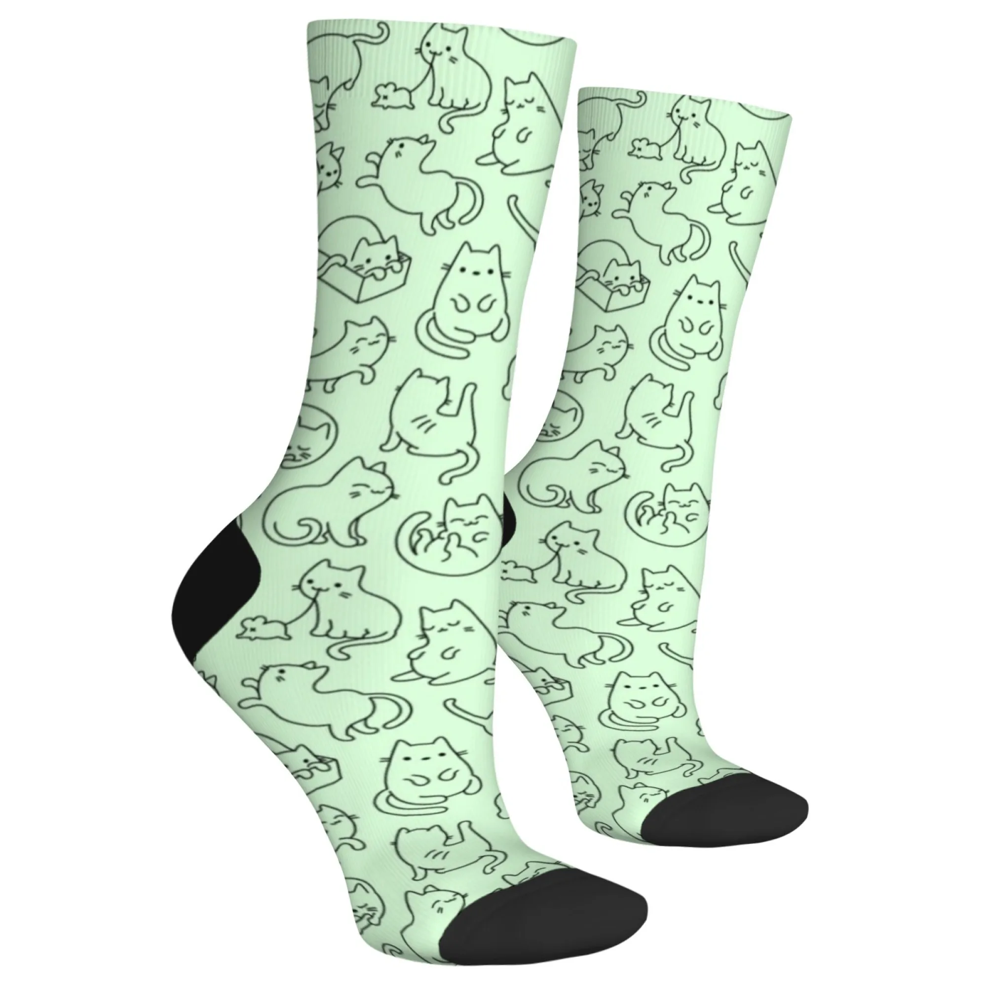 Meias artísticas de desenho animado kawaii, adorável detalhe multi-gato em verde menta, meias elásticas unissex para amantes de gatos da moda