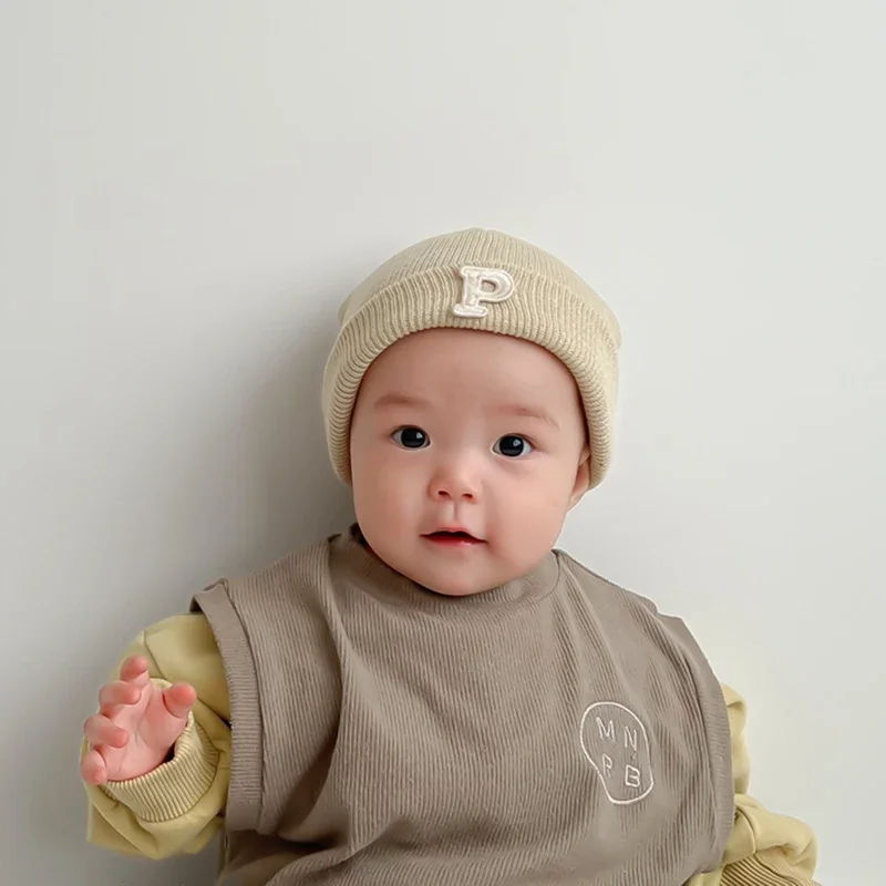 Baby Thermal White Letter P Beanies Caps Autumn Winter Korean Fashion Kids Knit Wool Warm Hats for Newborn Infant Boys Girls