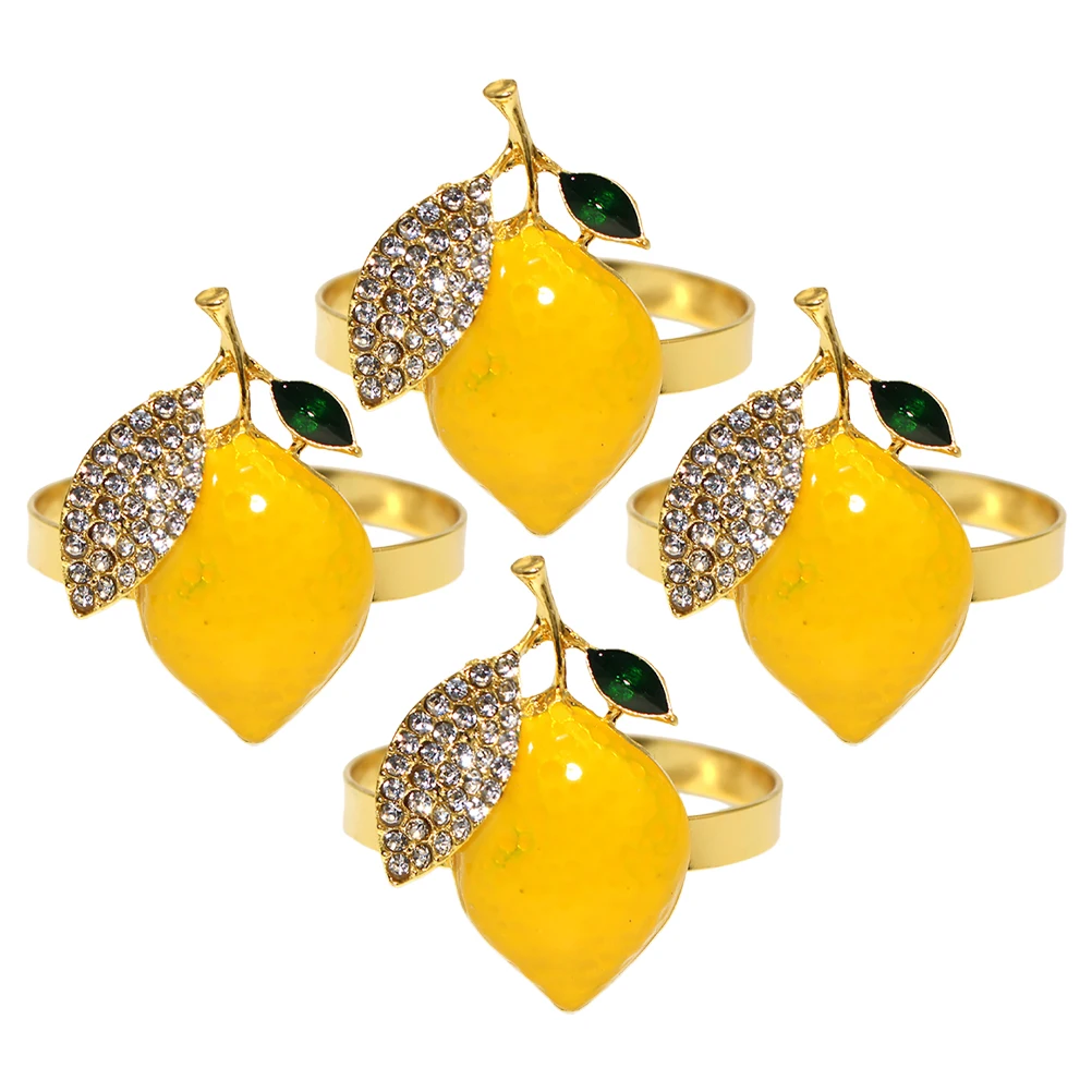 

4 pcs Diamond Lemon Napkin Rings Alloy Resin Rhinestone Elegant Tropical Wedding Decorative Circle Farmhouse Serviette