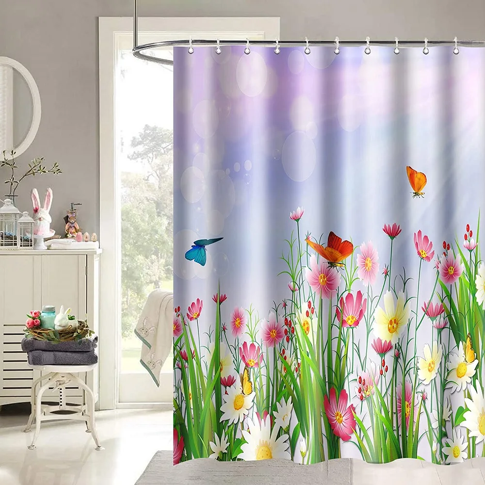 Floral Butterfly Shower Curtain Colorful Flower Green Leaf Sky Sun Nature Scape Bath Curtains Bathroom Waterproof Fabric Screens