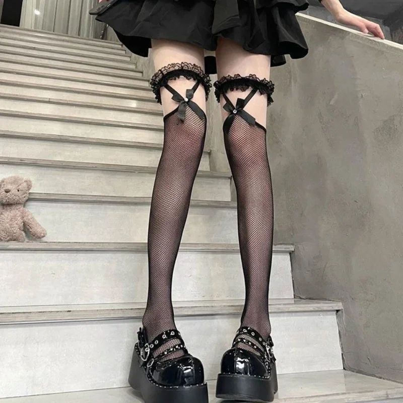 Sexy Süße Über Knie Lange Socken Frauen Mädchen Lolita Bowknot Oberschenkel Hohe Strümpfe Punk Spitze Mesh Legging Hohl Fishnet Strumpfhosen