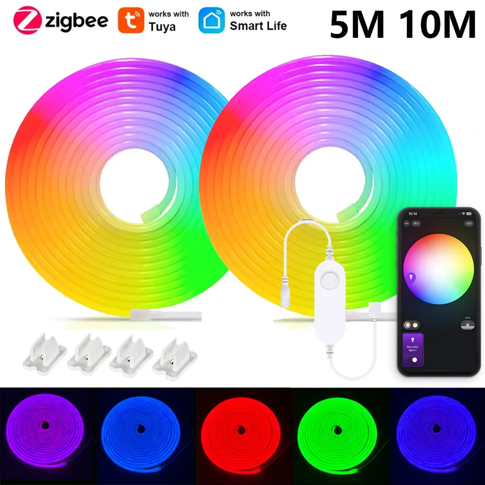 5M 10M Zigbee 3.0 DC12V RGB Neon LED Strip Dimmable Backlight Solf Tape Lamp Room Decor Lighting Tuya Zigbee for Alexa Google