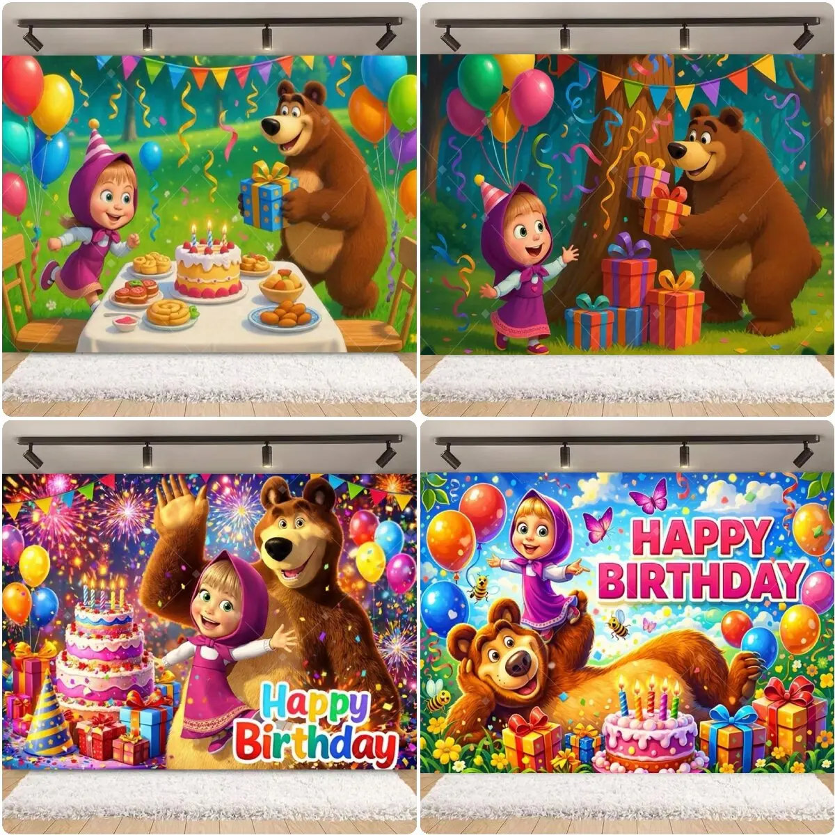Mädchen und Bär Geburtstagsparty-Hintergrund Bunter Wald Ballon Kuchen Foto-Banner Kinder Geburtstagsfeier Dekoration Fotokulisse Requisiten – Detail 3