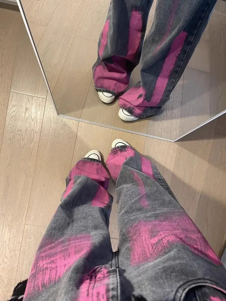 Aesthetic High Street Y2k Jeans Washed Vintage Loose Pockets Pants Mid Waist Button Full Length Graffiti Chic Denim Pants New