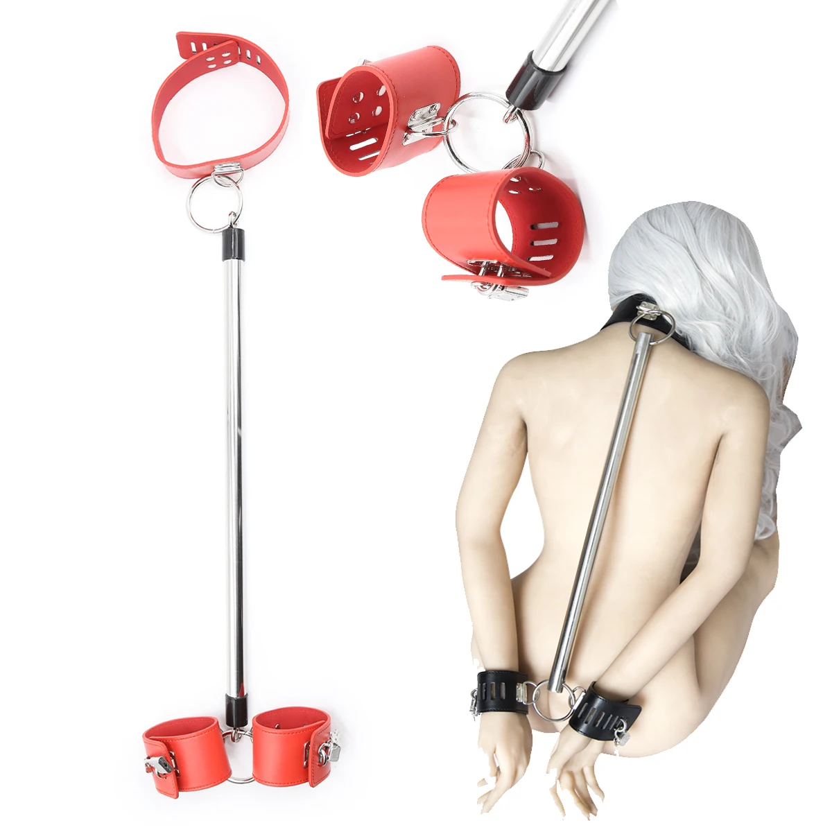 BDSM Restraint Handcuff Set Leg Cuff Neck Restrain Kit SM Fetish Stainless Steel Extend Spreader Bar Adult Couple Slave Harness