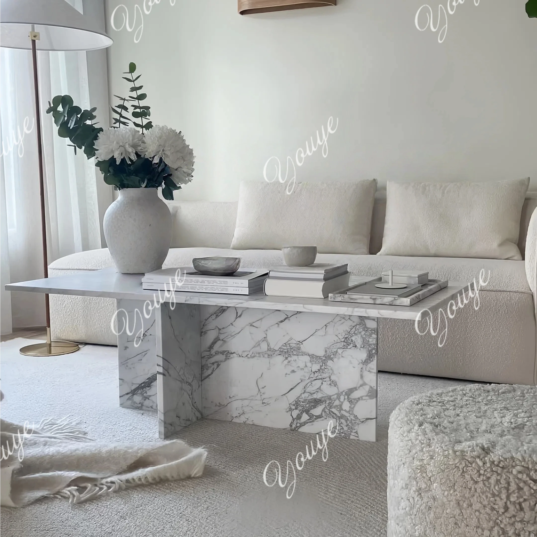 

French minimalist marble coffee table living room jazz white rectangle modern big white light luxury