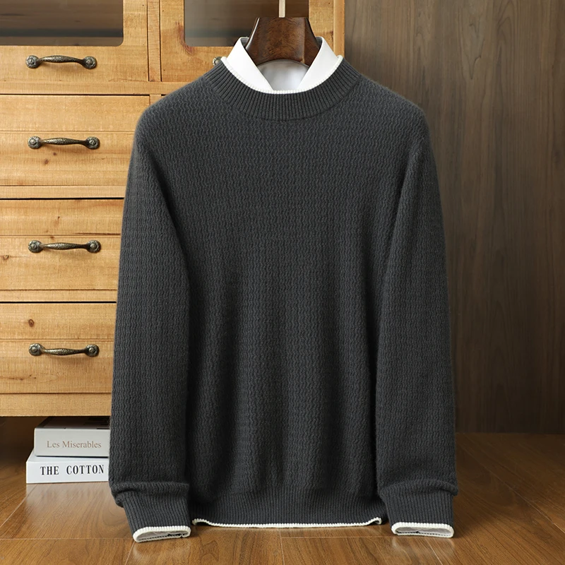 

High quality men's 100% pure cashmere pullover color blocked knitted sweater loose round neck Tops Pull Jumper men's streetwear