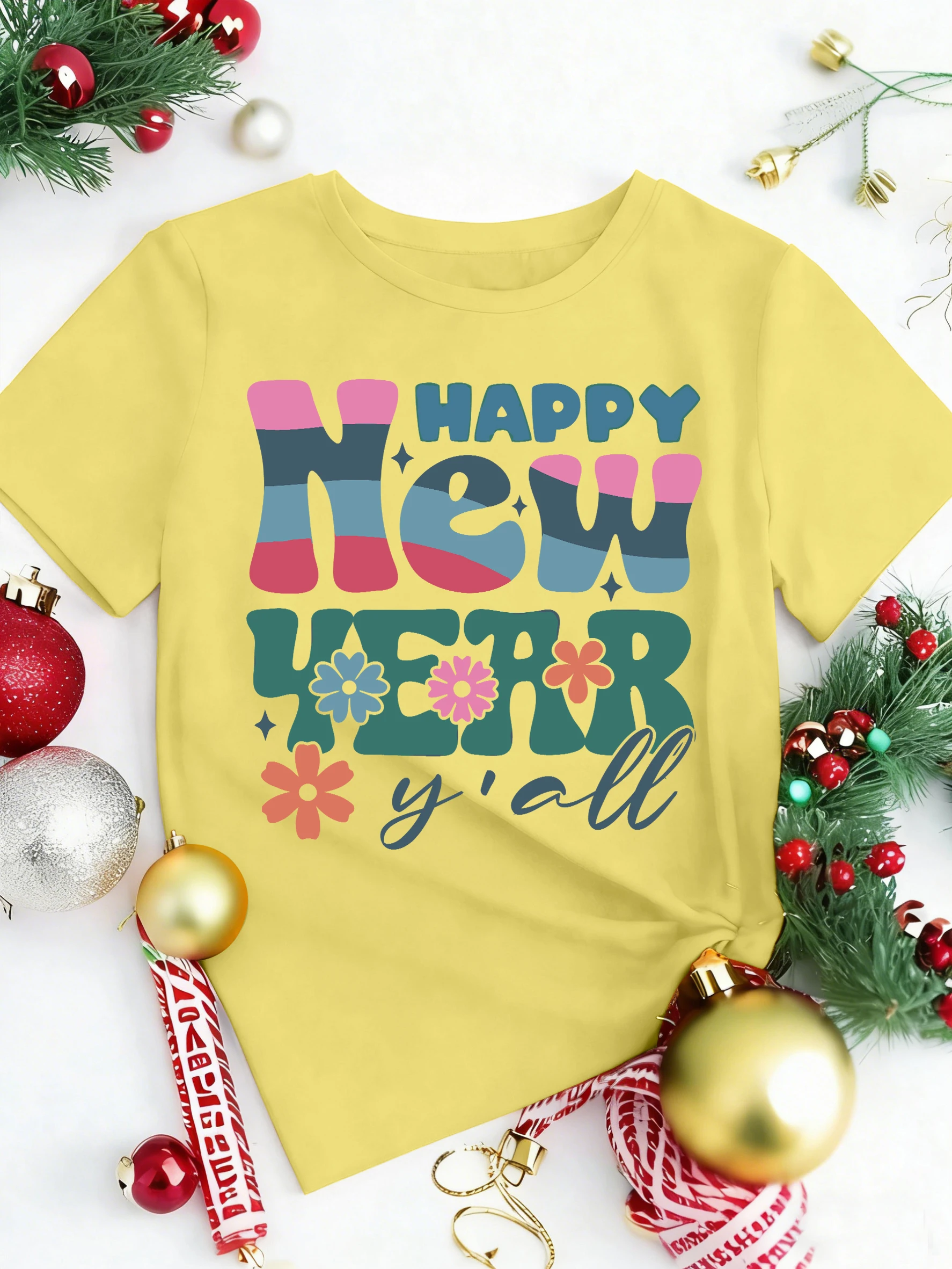 

Happy New Year Y'All Print Women Basic Simple T-Shirt Summer Casual T Shirts Hip Hop Soft Tee Top O-Neck Comfortable Streetwear