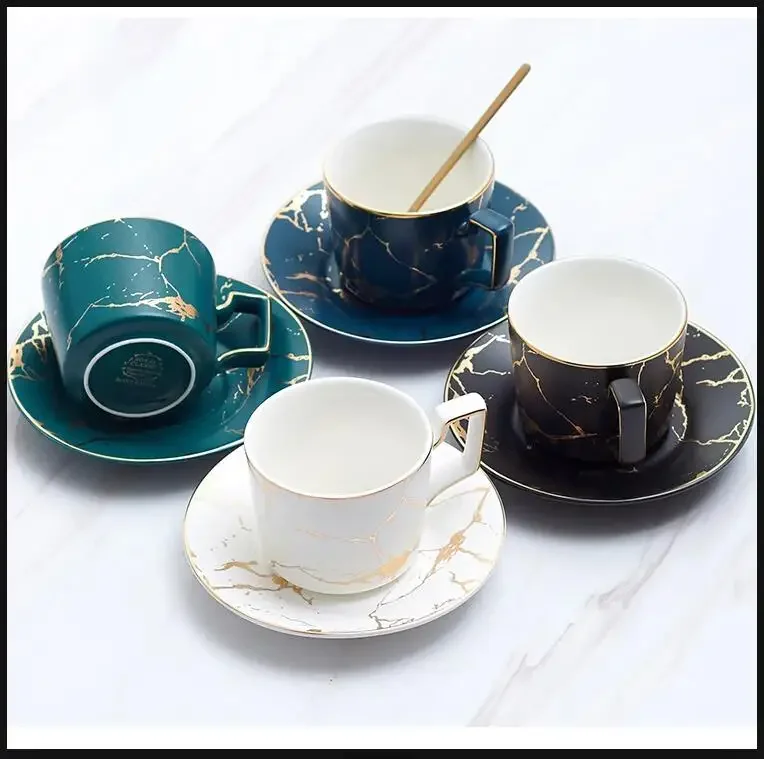 Marble Ceramic Coffee Cup  Spoon Set 200ml Nordic Tea Cup Matt Porcelain Tea Set Advanced Teacup Cafe Espresso Cup