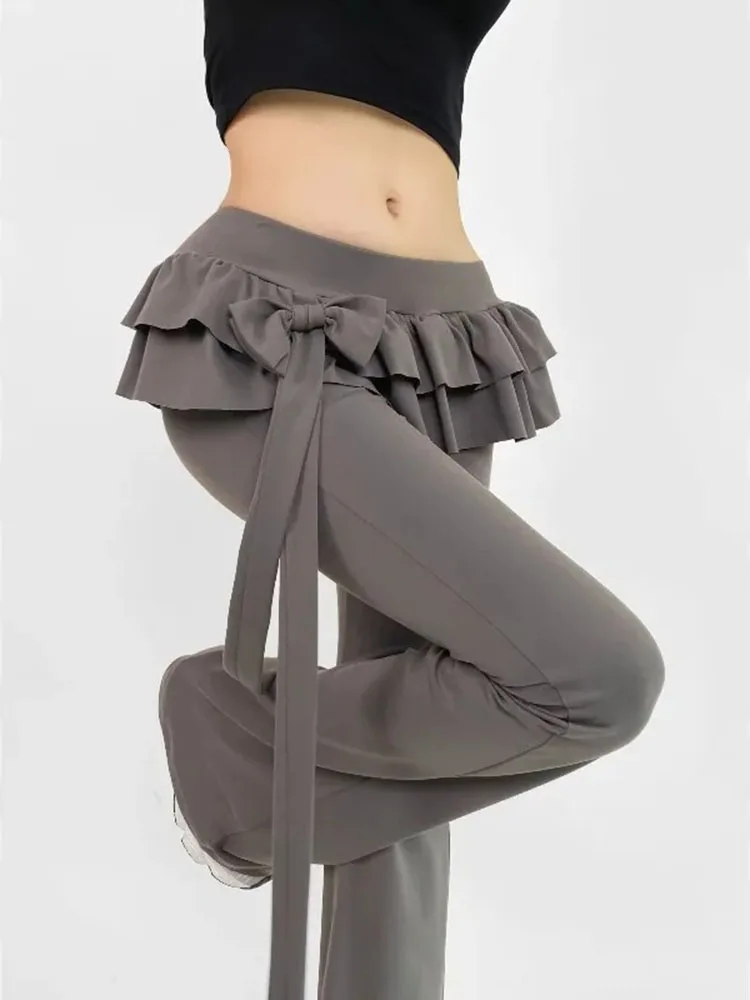 Flare Pants Women Sexy Low Waisted Ruffles Bow Lace Up Slim Fit Yoga Long Trousers Korean Simple Solid Y2k Clothes 2026