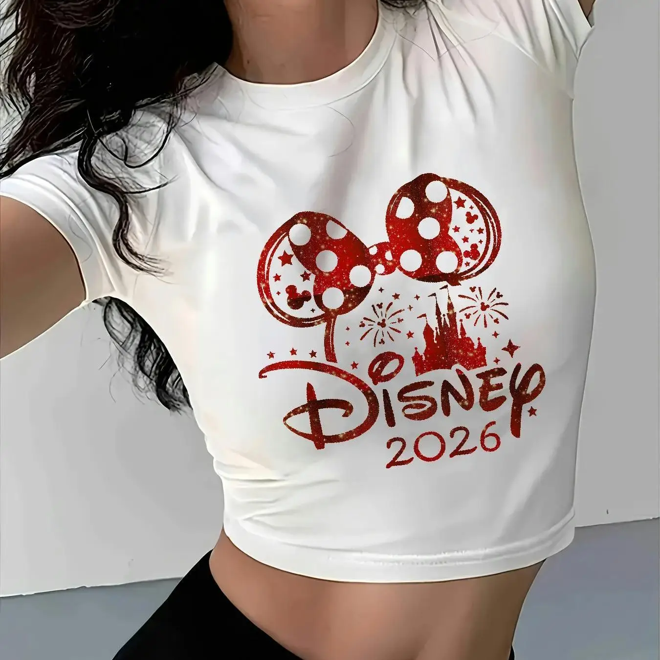 Camiseta negra estilo Y2K para mujer, camiseta informal de verano con diseño "Disney 2026", adecuada para viajes y diversión al aire libre