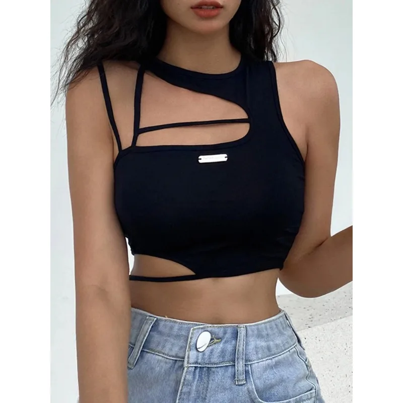 

Female cutout black T-shirt sleeveless tight-fitting top Cool punk T-shirt Tech dress Summer new sexy crop top women's dress