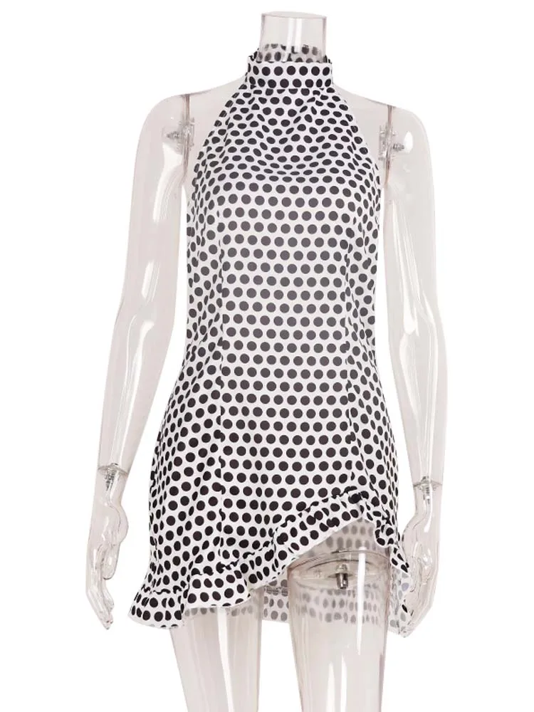 CNYISHE Dot Prints High Collar Sleeveless Halter Hip Wrap Ruffled Hem Fashion Sheath Women Dresses Zipper Female Sexy Club Slim