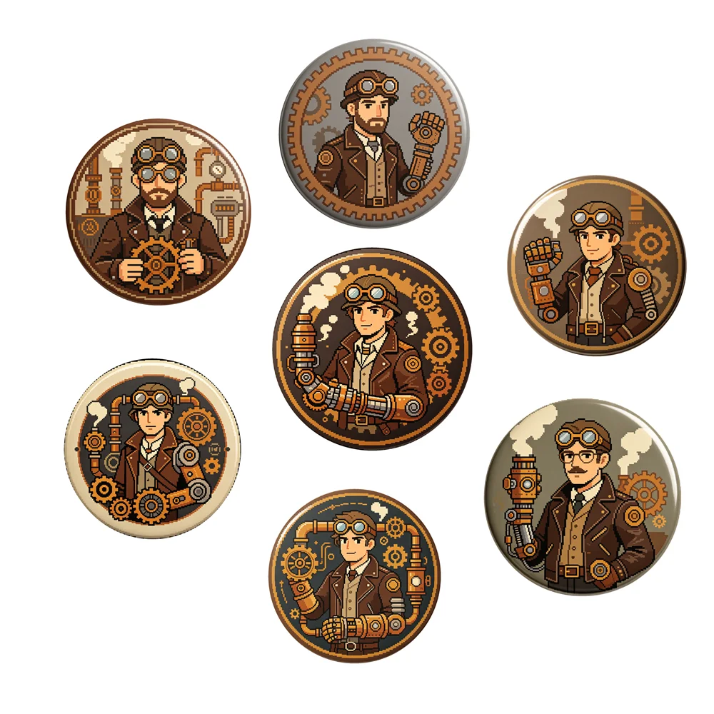 58mm Steampunk Pixel Art Tinplate Badge , Retro Gear Gentleman Round Button Pins for Backpack Jacket Decor Collectible Gift