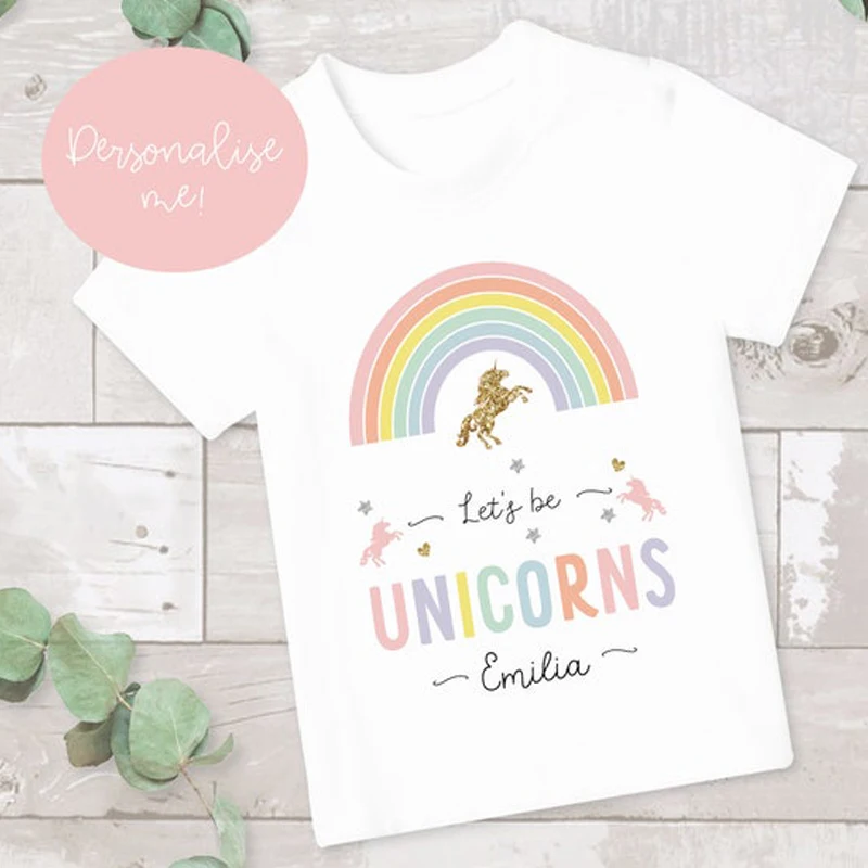 Girl Rainbow T-shirt 2025 Unicorn T shirt Personalised Kids T-shirts Birthday Keepsake Shirt Children Birthday Kid's Name Shirts