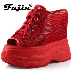 Fujin 14.5cm Air Mesh Denim Stretch Fabric Platform Wedge Fashion Sandals Chunky Sneakers Leather Casual Summer Slippers Shoes