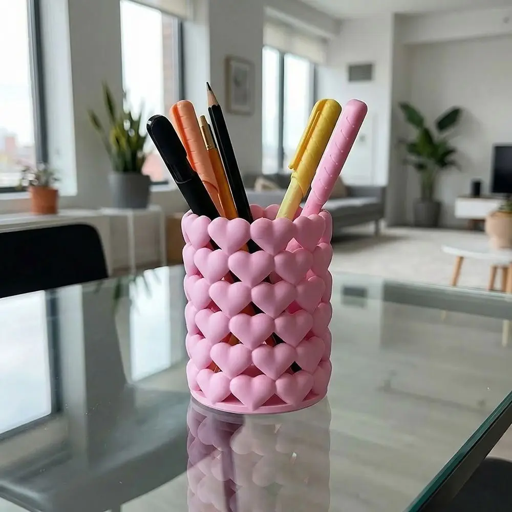 Creative 3D Printed Heart-shaped Pen Holder Hollow Round 3D Printed Pencil Cup Decoration Cute Stationery Organizer Students Use