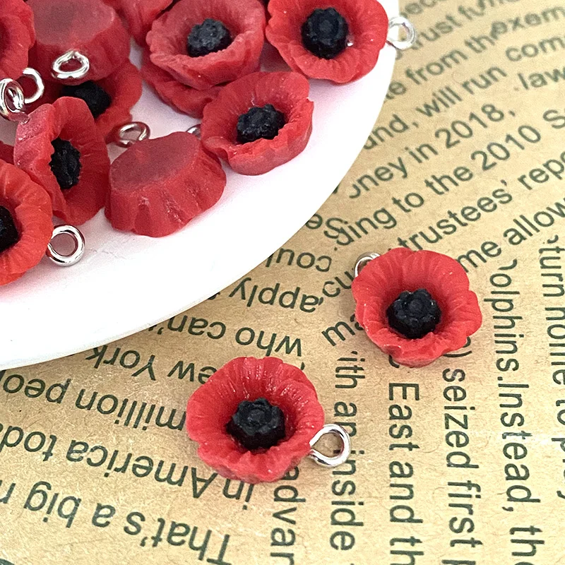 20pcs/Pack Red Poppy Flower Resin Charms Bulk Anti-War Peaceful Flowers Pendant DIY For Earring Bracelet Jewelry Make