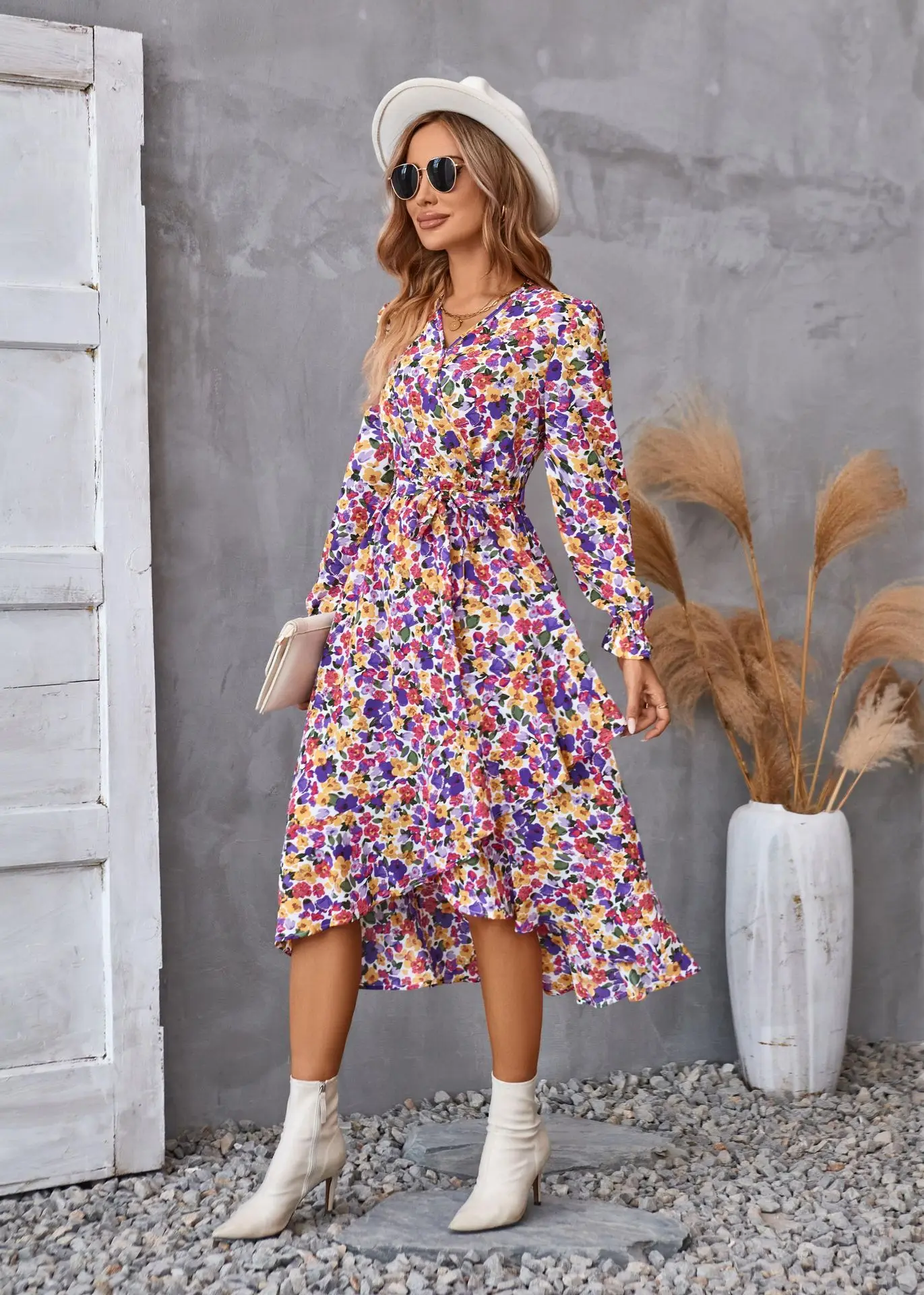 Vestidos de vacaciones bohemios para mujer, vestido holgado informal con cuello en V, Mangas de pétalos, estampado de volantes, elegante, Primavera, Otoño, 2024