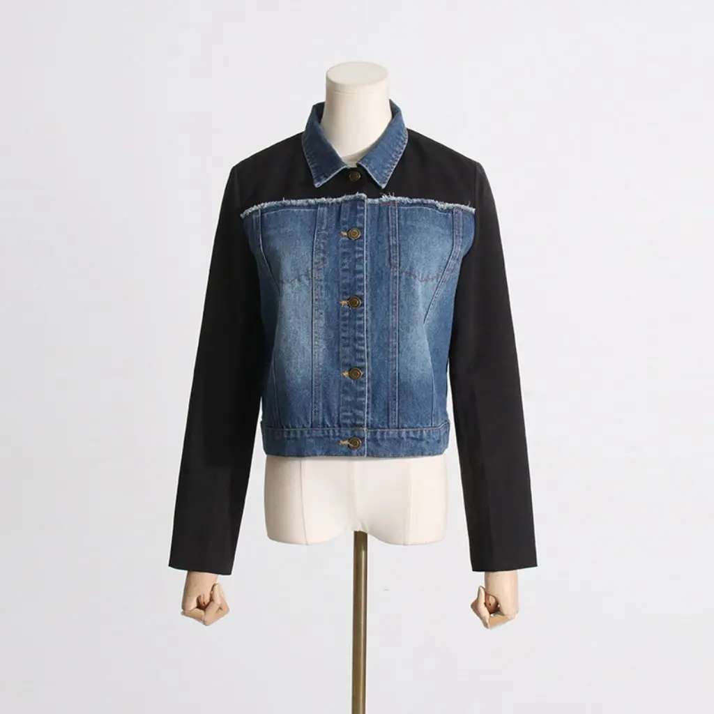 Women's Autumn Fashion Retro Contrast Color Patchwork Long Sleeve Short Denim Top Stylish Classic Look