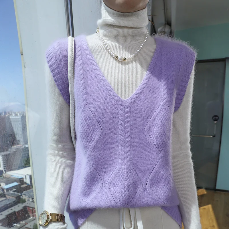100% Mink Cashmere Fur Women's Long Hair V-neck Pullover Vest Spring Autumn Casual Fashion Knitted Sleeveless Sweater