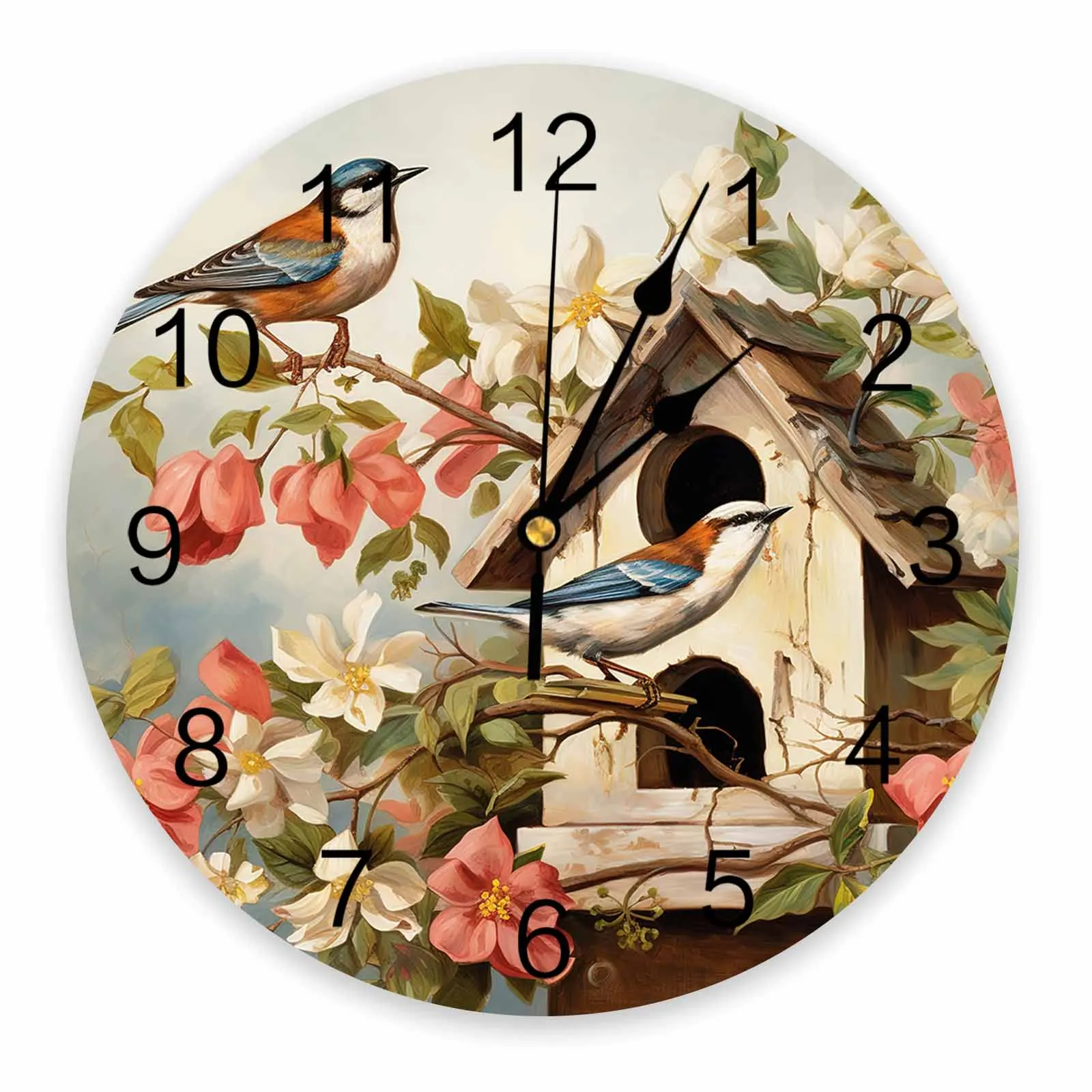 Spring Retro Bird House Flower Bird Printed Wall Clock Modern Silent Clock Living Room Home Decor Wall Hanging Watch