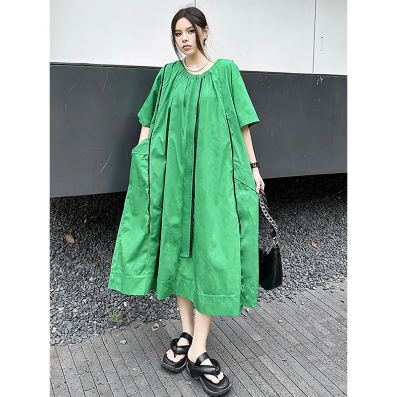 

[Vibe] Women Green Zipper Color-block Big Size Midi Dress New Round Neck Half Sleeve Fashion Tide Spring Summer 2025