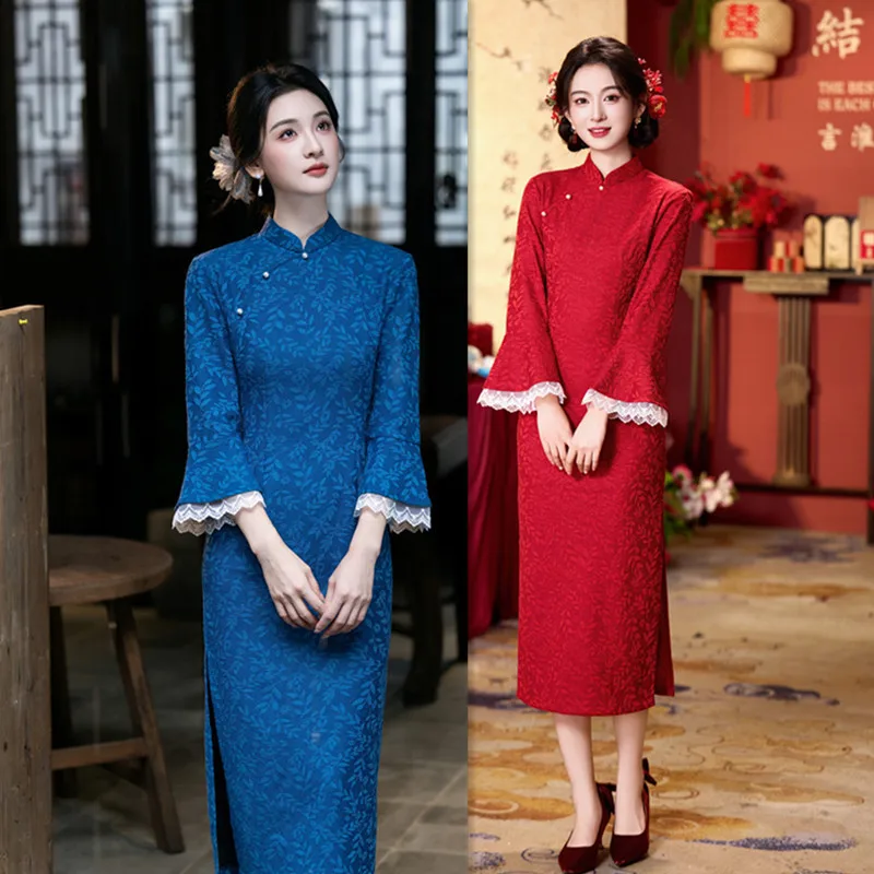 Retro Chinese Style Knitted Jacquard Long Sleeved Qipao 2026 Autumn New Chinese Style Long Sleeved Women Qipao Dress