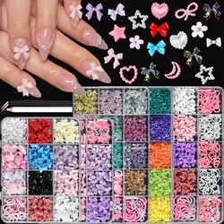12Grids Mixed Bowknot Heart Flower Nail Charms 3D Kawaii Resin Bow Pearl Nail Art Rhinestones Korean Manicure Decorations