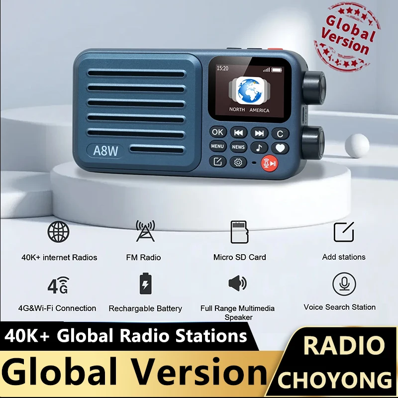A8W Internet Radio, Portable Smart WIFI/4G Radio FM Receiver with 4K+ Pre-stored Stations, Voice Search, Rechargeable 2000mAh Ba