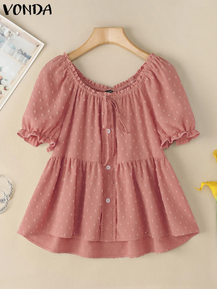 

VONDA Off The Shoulder Women Tops Lace Blusas Shirts 2025 Summer Short Puff Sleeve Tunics Lace-Up Buttons Solid Ruffled Tops