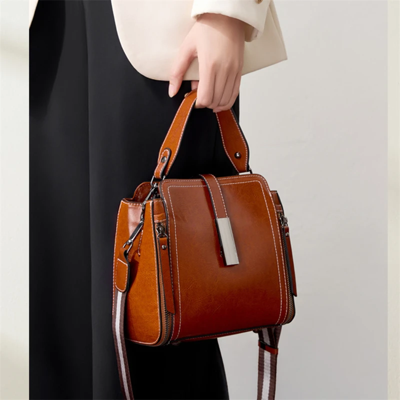 

Luxury Genuine Leather Oil Wax Cowhide Boston Handbags Retro Vintage Top Handle Satchel Women Shoulder Crossbody Bags