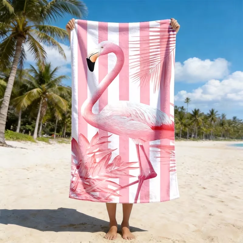 Black Base Hot Pink Flamingo Palm Leaf Beach Towel Sand Free Quick Dry Towel Retro Tropical Bird Print Summer Blanket