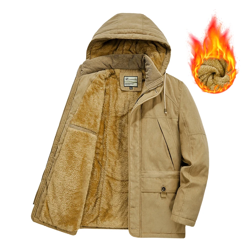 

Outdoor Casual Clothing Fleece Cargo Jacket Men Winter with Plush Parkas Medium to Long Fleece Inside Workwear Men Cotton Jacket