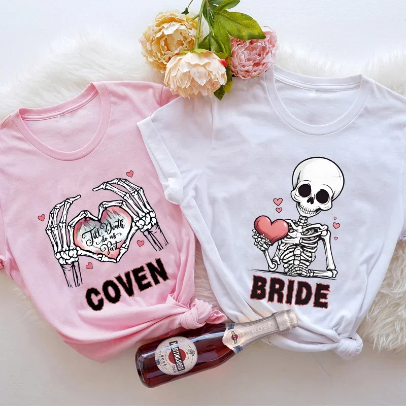 

Футболка для невесты и ковена, блузки для команды невесты, топы с графическим рисунком скелета, для Хэллоуина, девичника, женская футболка