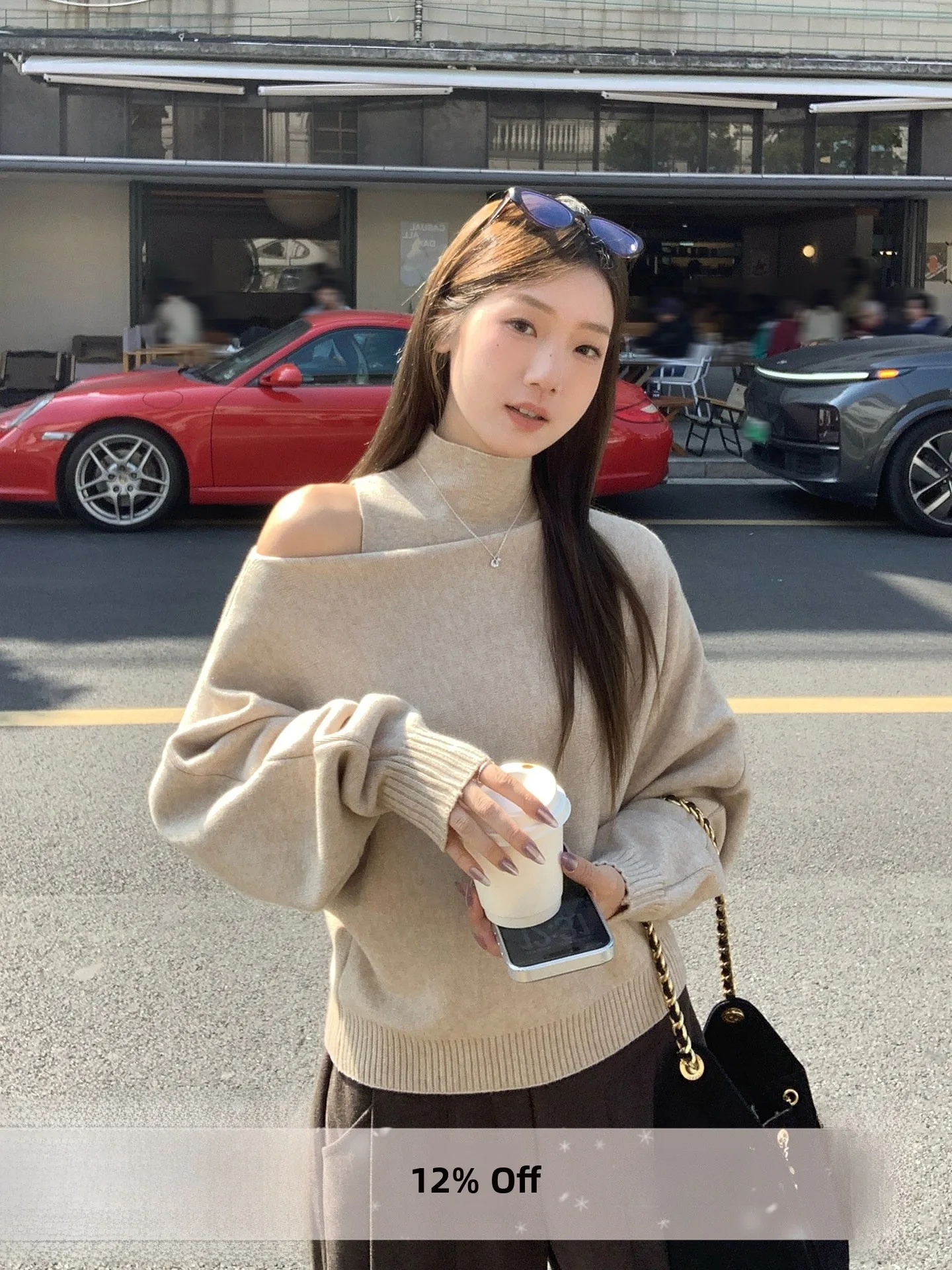 

Korean Sle One-oulder Knitted Set Women's Winter Faion Slimming Vest Long Sve Top Two-Piece Set Casual Date Wear