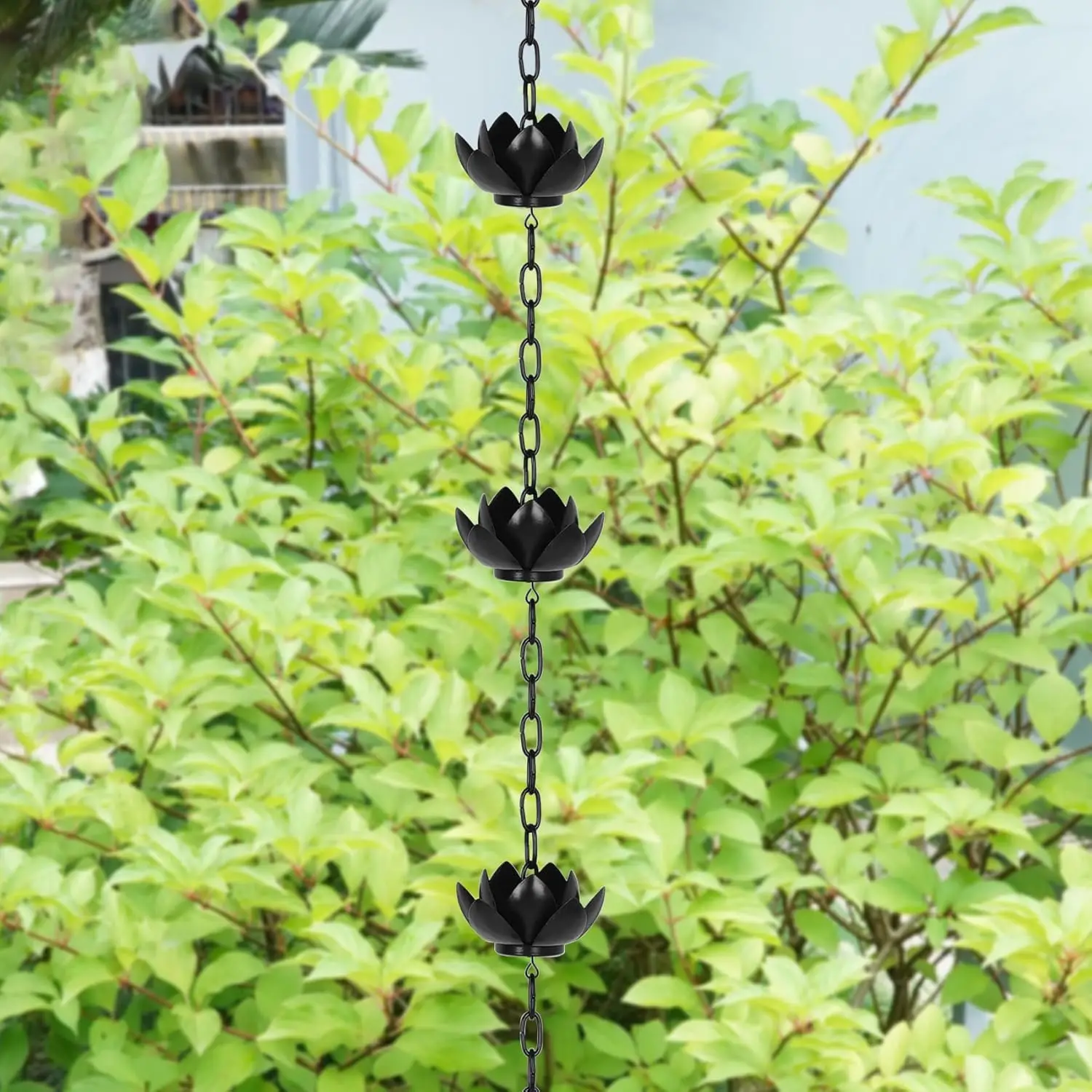 47.2in Lotus Rain Catcher Chain with 5Cups for Gutters Downspouts Outside Plated Lotus Rain Chain Cups Functional and Decorative
