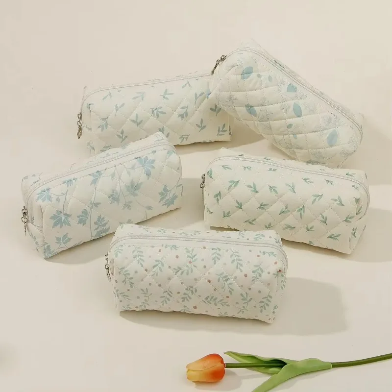 1 Piece Retro Simplicity Leaf Series Pencil Case Mint Blue Color Leaf Makeup Bag Portable Large Capacity Stationery Storage Bag