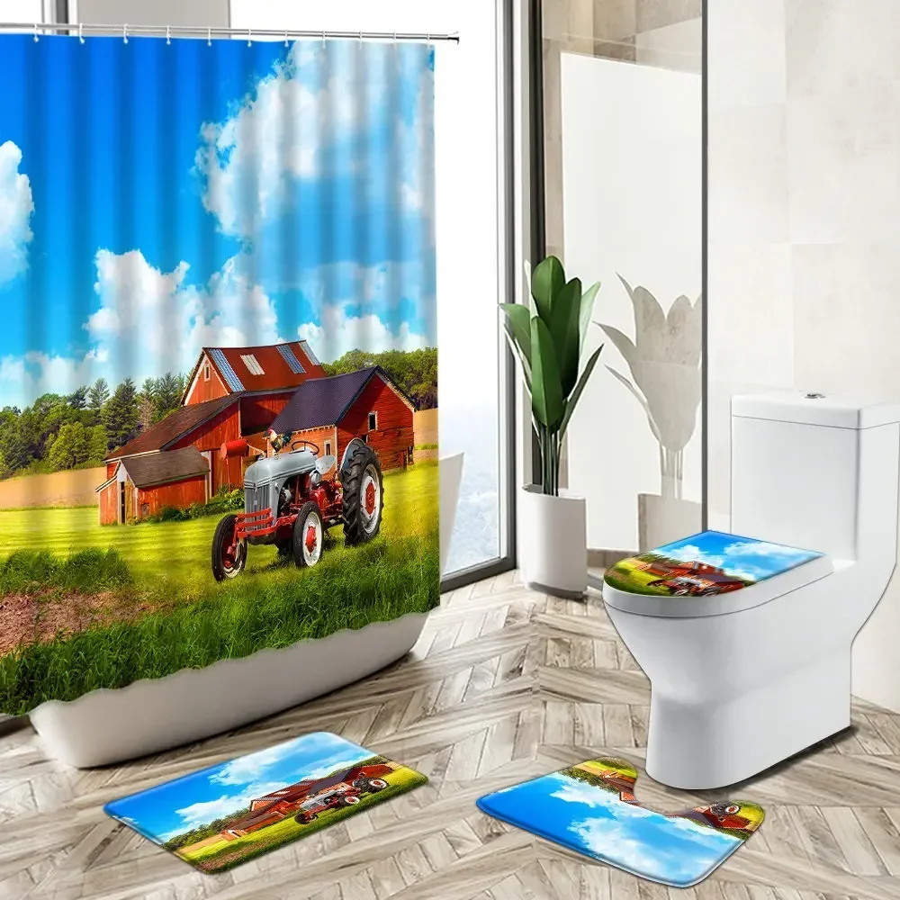 Vintage Car Country Scenery Shower Curtains Old Wooden House Farmhouse Home Decor Non-Slip Carpet Toilet Cover Floor Mat Sets