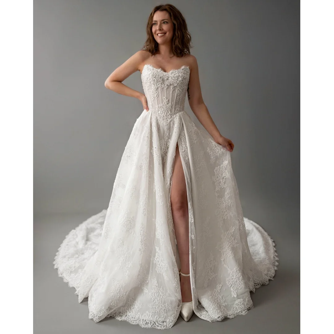

Boho Lace Wedding Dresses Illusion Corset Vestido de Novia High Slit Wedding Party Dress Elegant Vestidos Customized