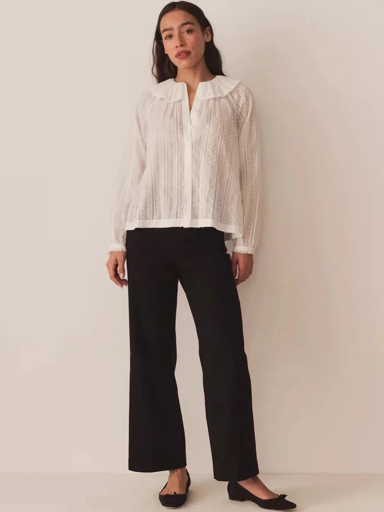 

Sweet Style Long Sleeve Loose Fit Thin Cotton Shirt Vertical Stripes Pure Color Doll Collar Top for Women Summer Season
