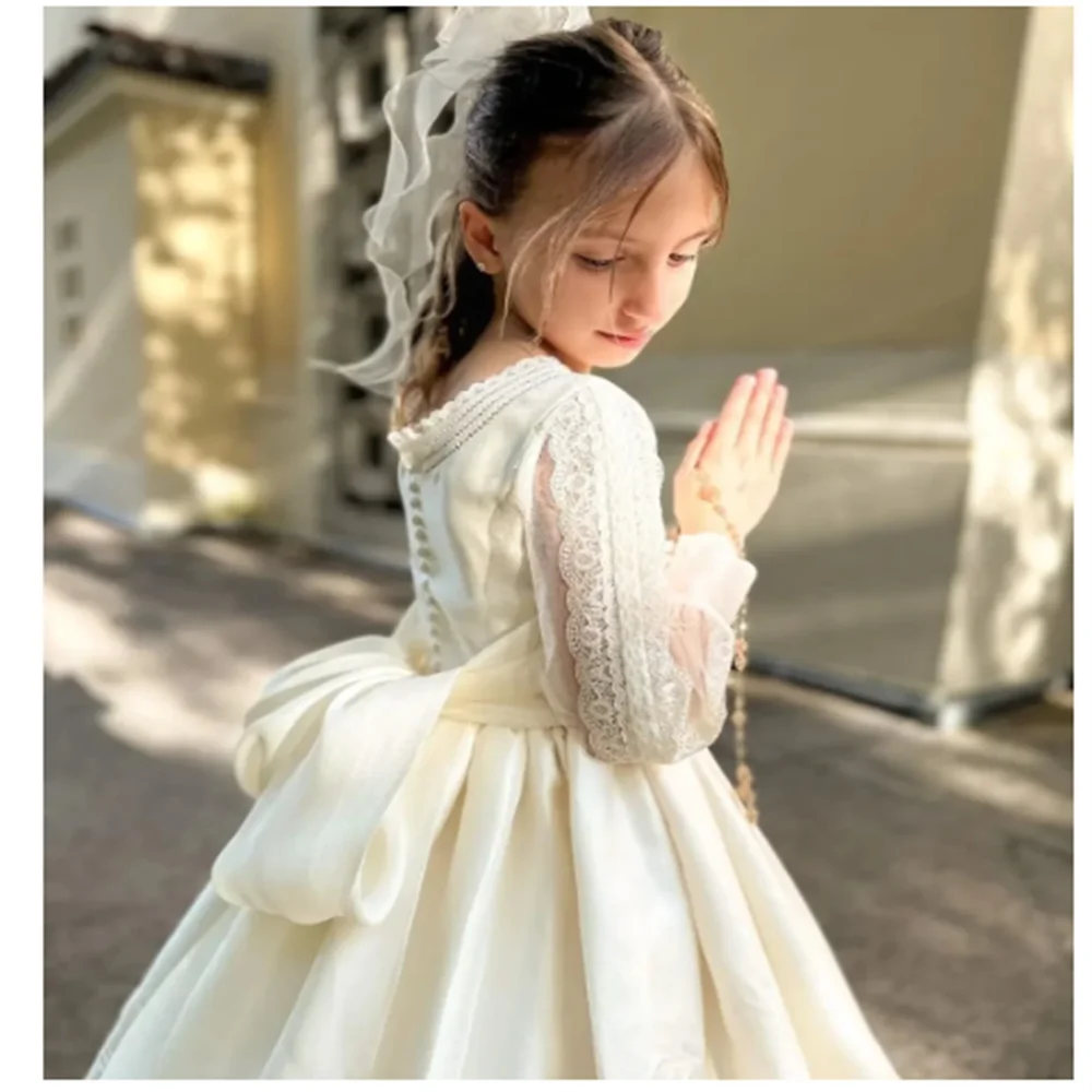 Elegant White Customize Holy First Communion Dresses Long Sleeves Princess Flower Girl Dress Lace Bow Child Wedding Party Dress