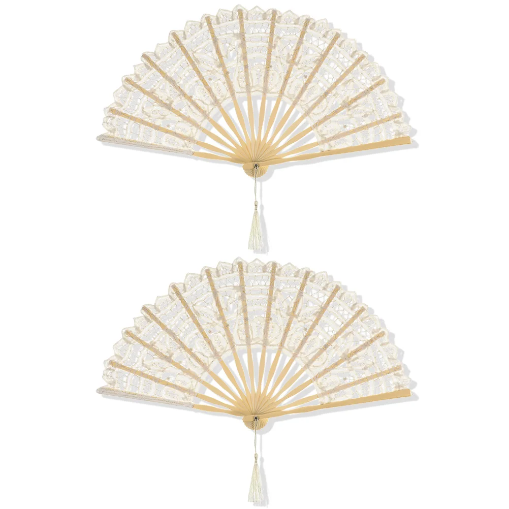 

2pcs Palace Fan Bamboo Bone Lace Folding Hand Fans Vintage Women Foldable Lightweight Summer Travel Party Wedding Tassel Dancer
