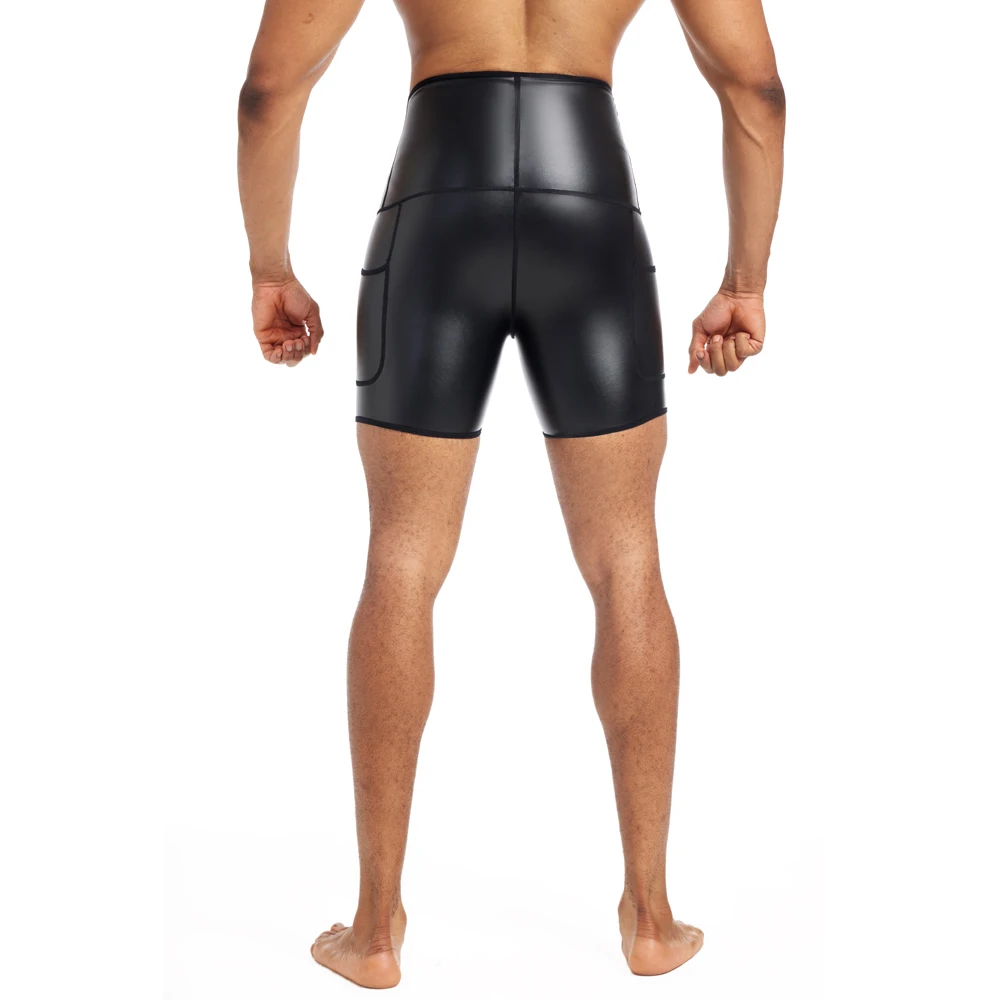 Legal menino estiramento calças de couro falso corpo shaper cintura trainer cintura alta abdômen 3 ganchos compressão shorts de couro com bolsos