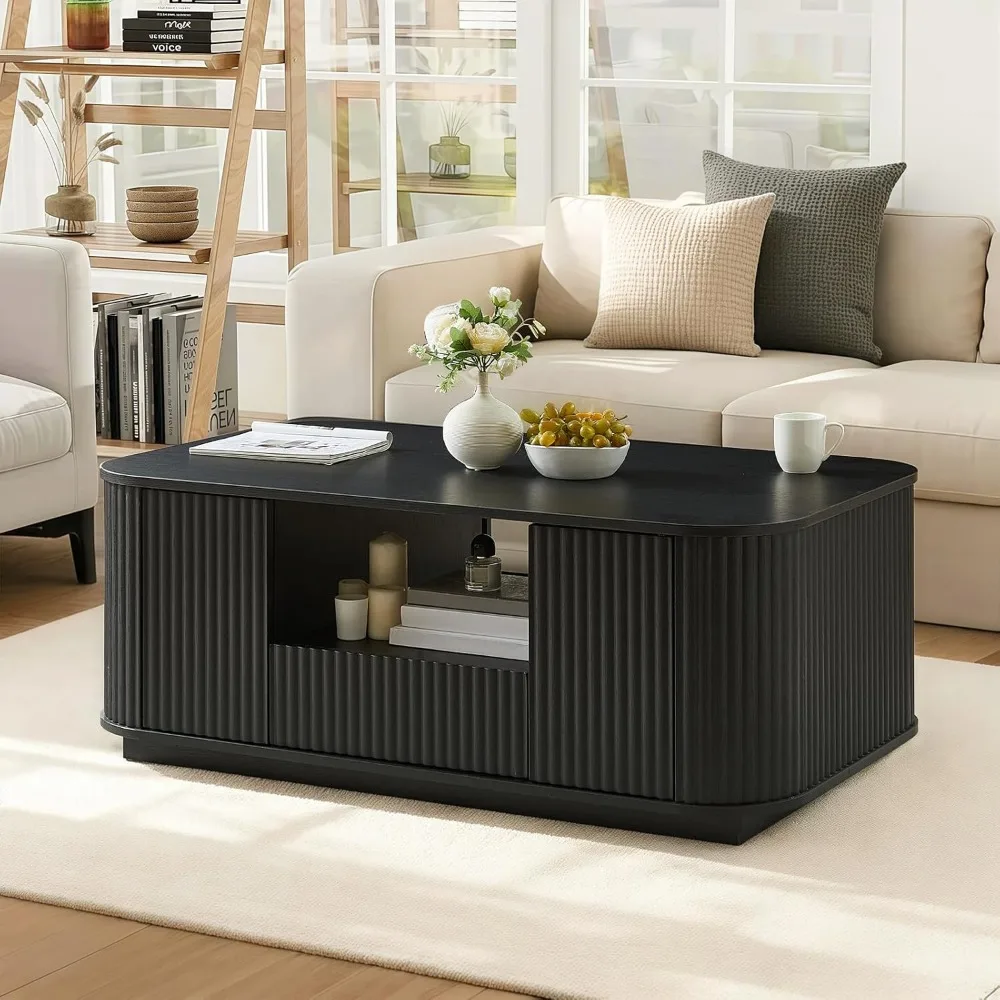 

Журнальный столик, 46,5-дюймовый современный журнальный столик середины века с дверцей, центральный стол с выдвижным ящиком и волнистым узором для гостиной,