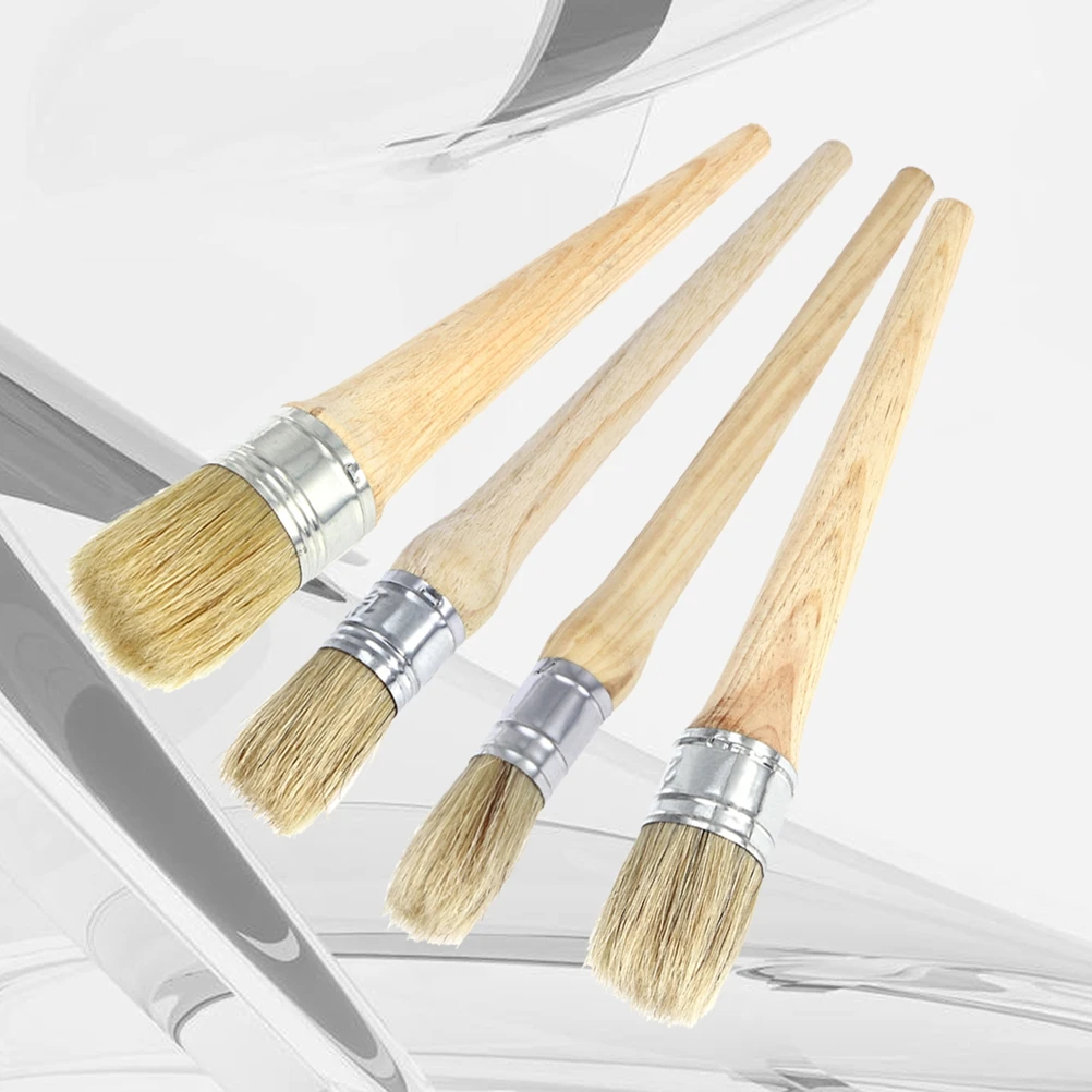 

4Pcs Round Paint Brush Natural Bristle Wax Brush Ergonomic Handle Furniture Restoration Wood Work Smooth Finish Waxing Brush Set