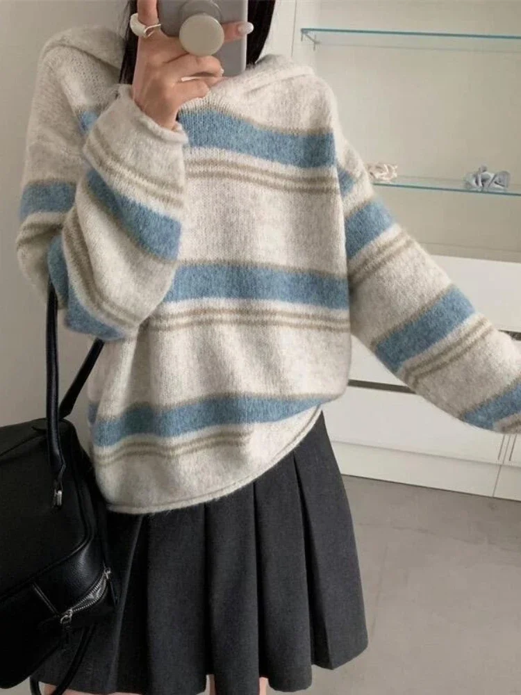 Korean Casual Versatile Tops Lazy Style Striped Hooded Women's Sweater Autumn Winter Loose Drop Shoulder Stripe Soft Pullover